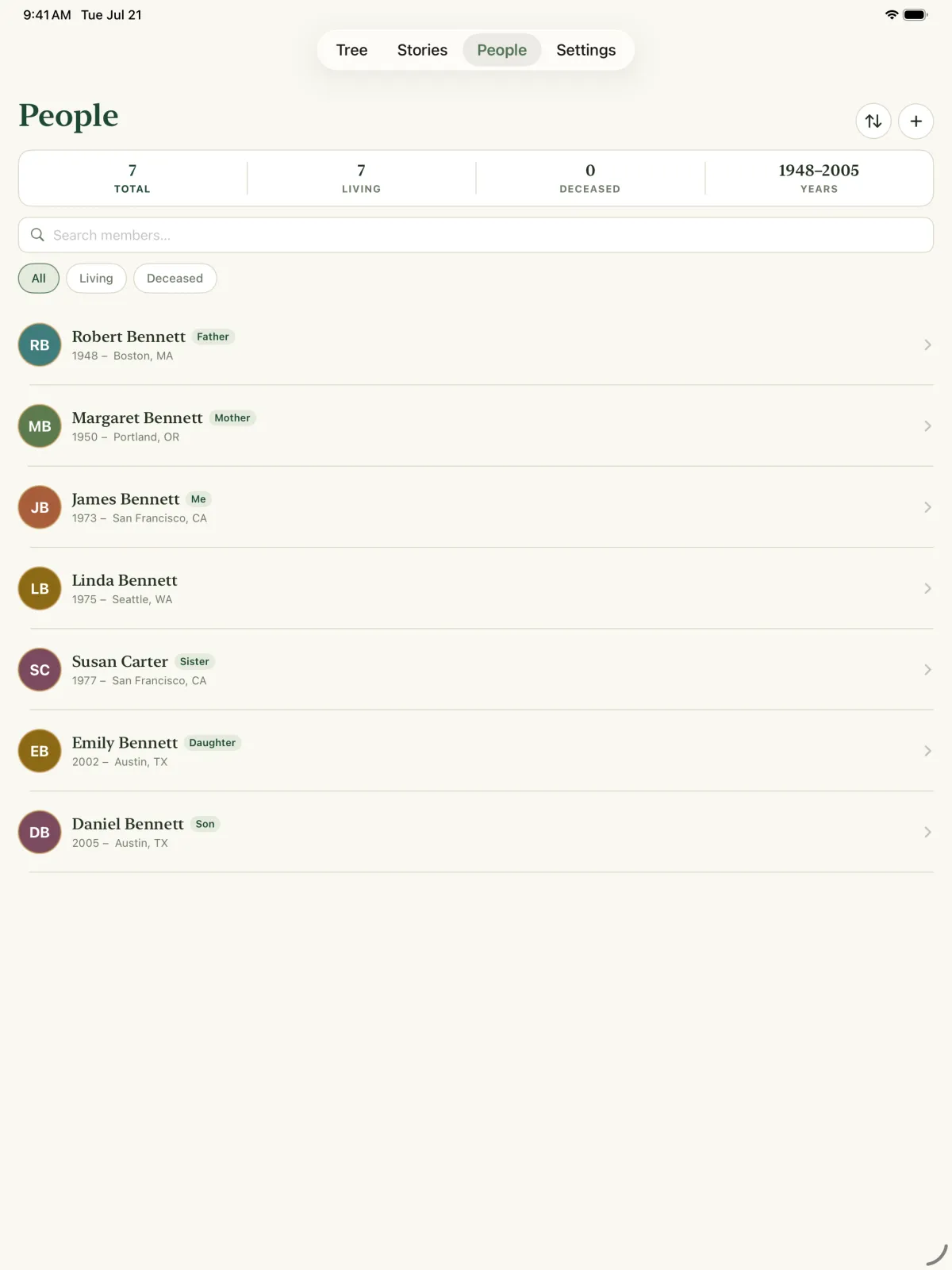 Kinly people list with family members, years and relationship tags
