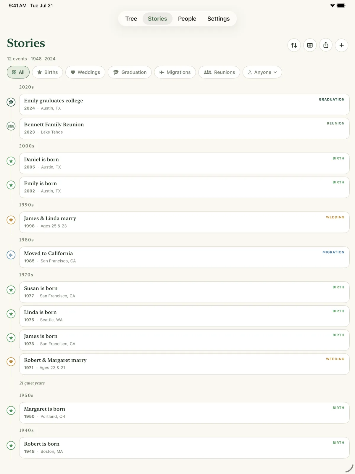 Kinly stories timeline on iPad