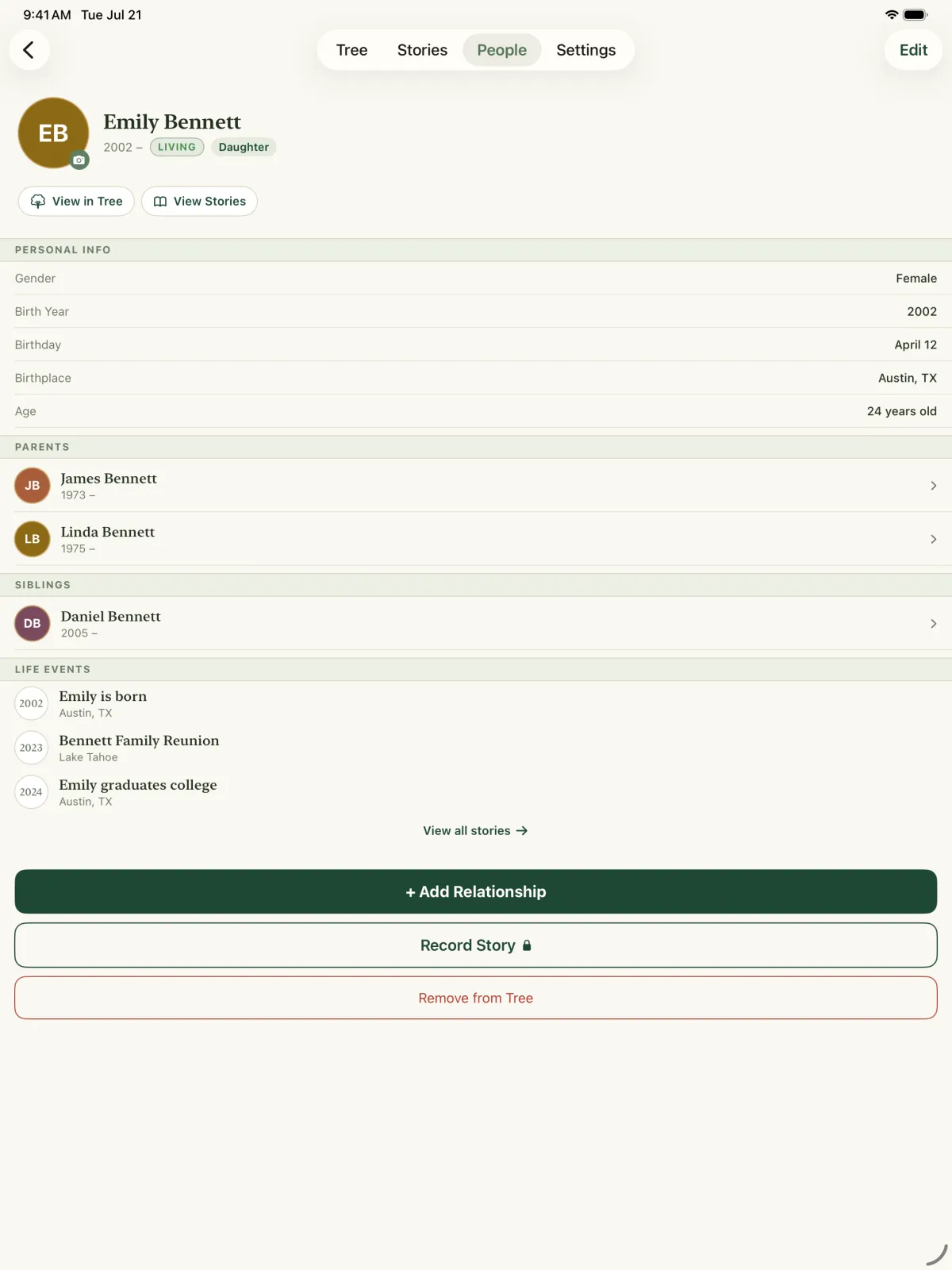 Kinly member profile with personal info, spouse, children and life events