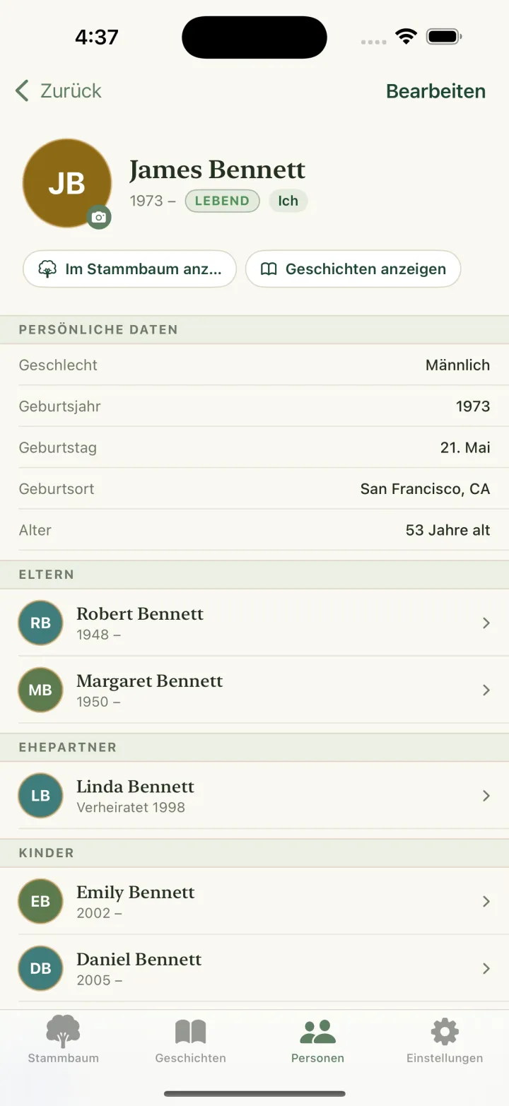 Kinly-Profil mit persönlichen Angaben, Ehepartner, Kindern und Lebensereignissen