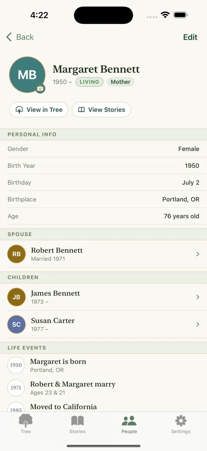 Kinly member profile with personal info, spouse, children and life events