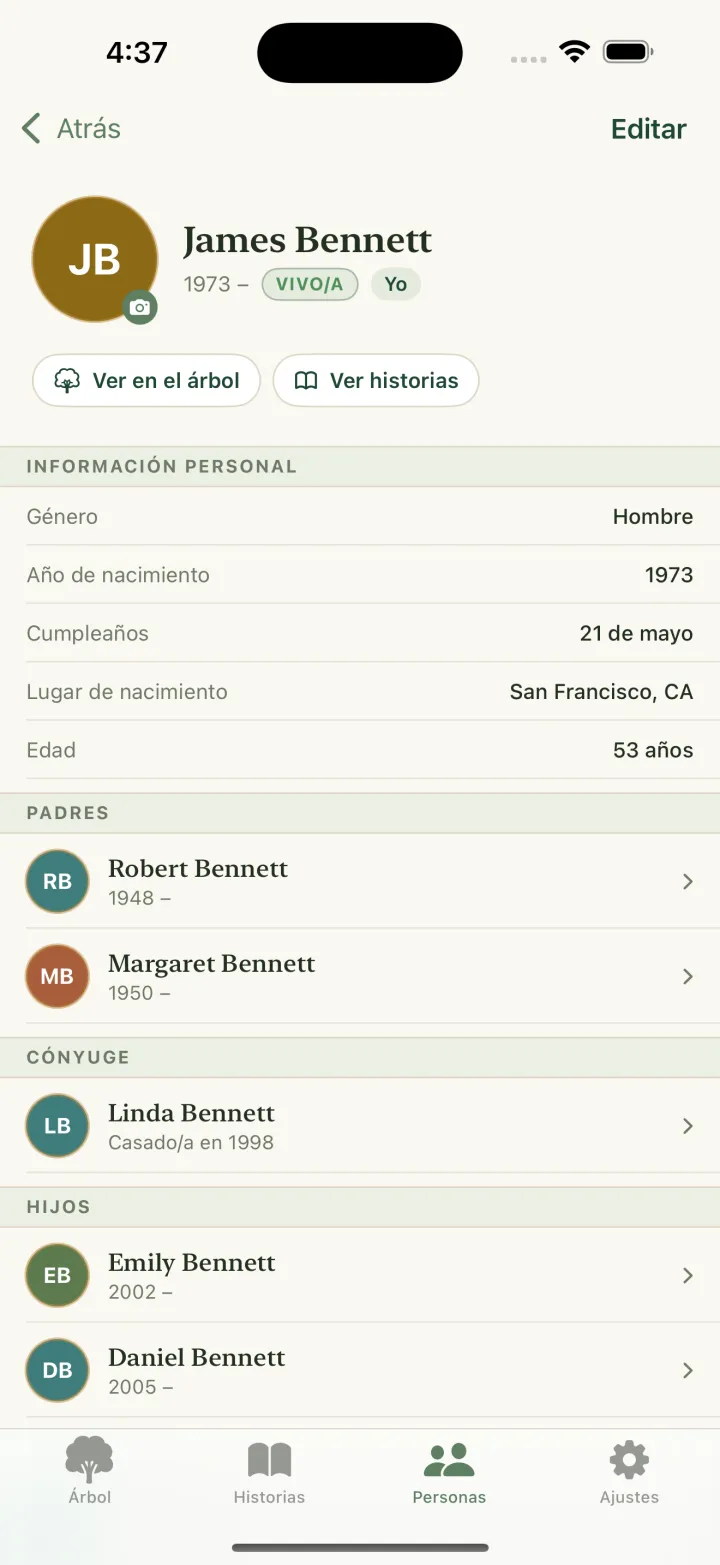 Ficha de un miembro en Kinly con datos personales, cónyuge, hijos y acontecimientos